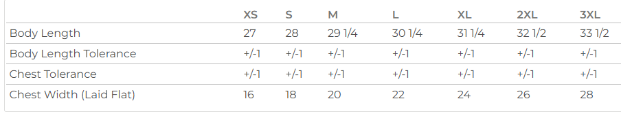Gildan Unisex Size Chart