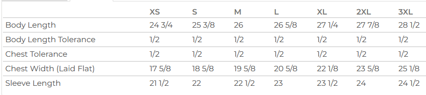 Size Chart Ladies Long Sleeve